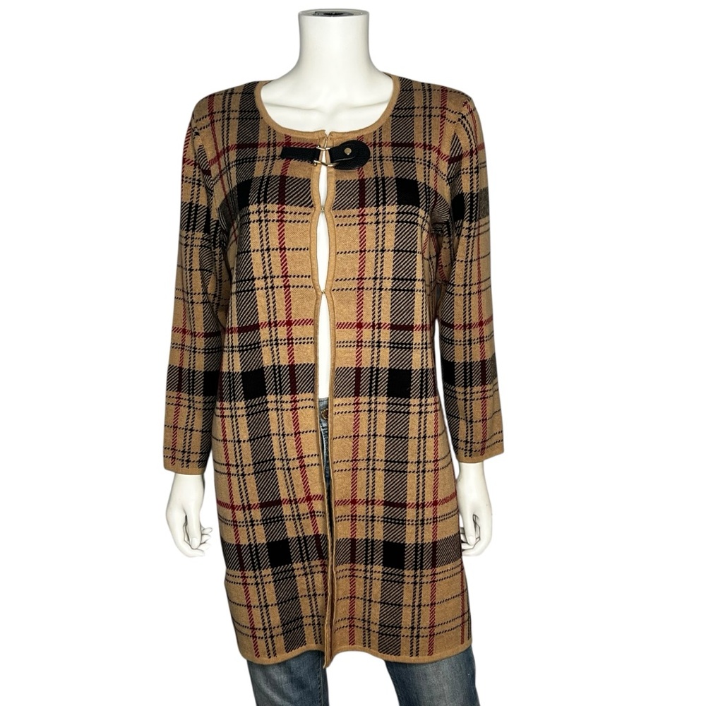 Anne Klein Tan Plaid 3/4 Sleeve Casual Long Cardigan Sweater Womens Size Large - Picture 2 of 6
